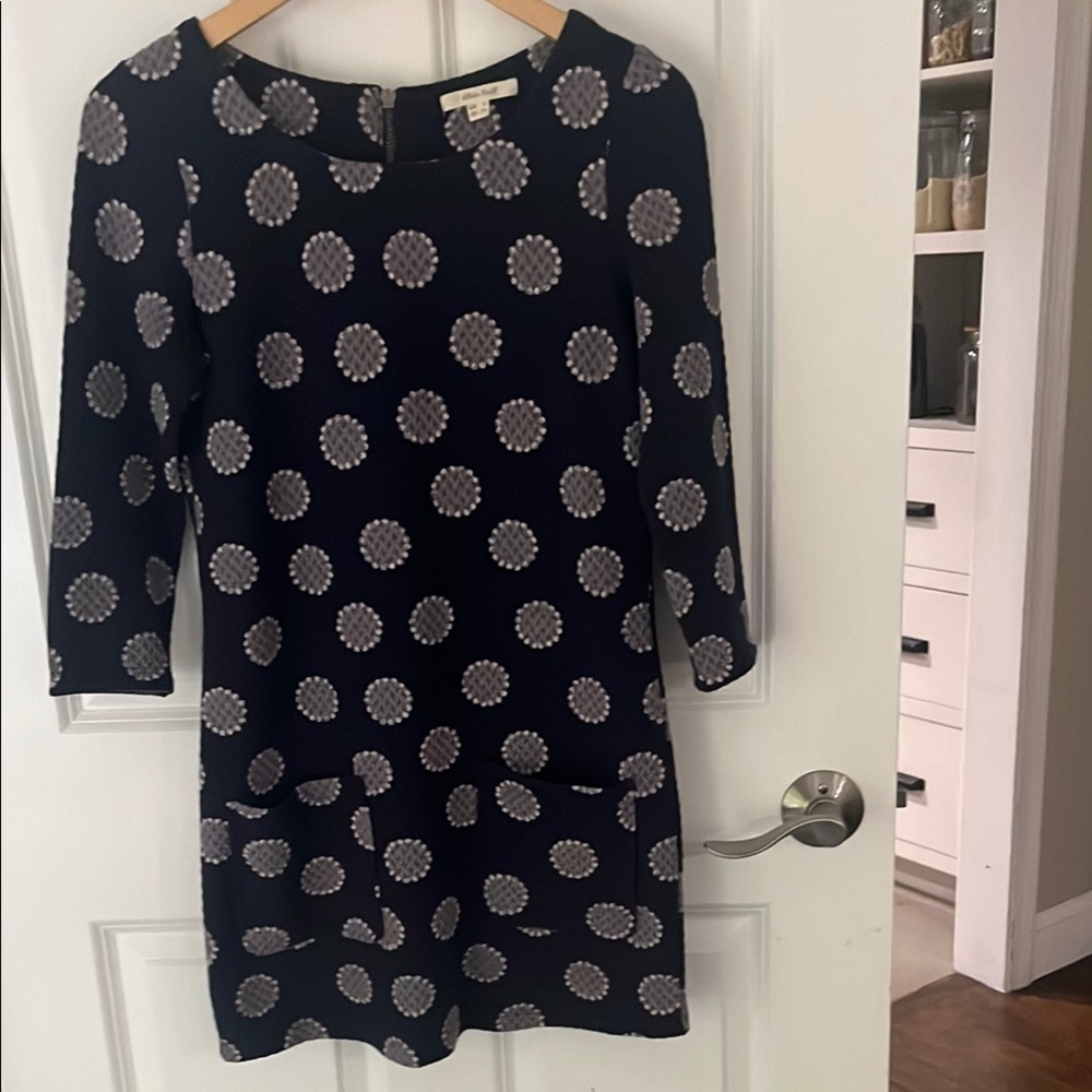 Navy Blue Cotton Blend Sheath Dress with 3/4 Sleeves and Crew Neck
